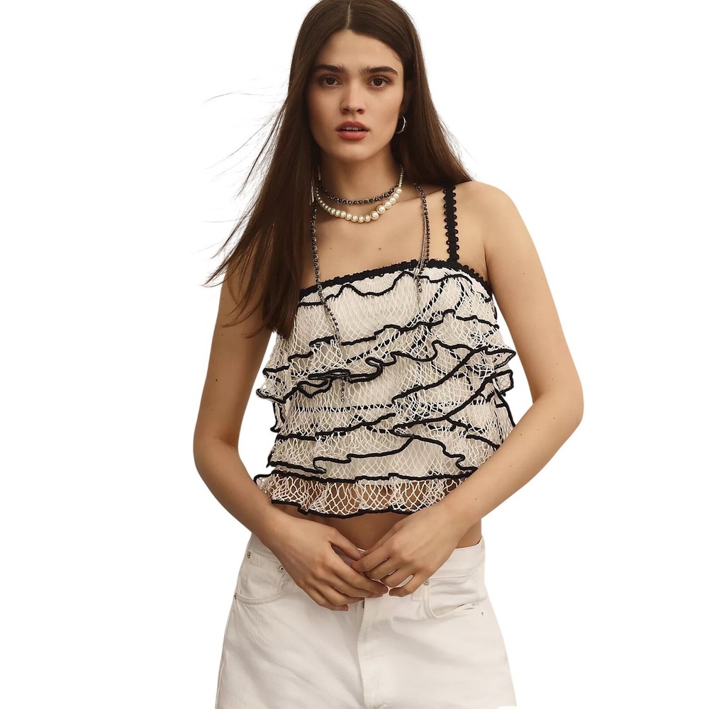 Anthropologie Crochet‎ Ruffle Cami White Black Tiered Tank Top Boho Whimsy XS